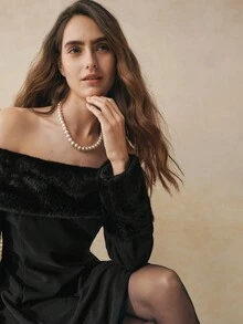 INAWLY Elegant Solid Color Fur Collar Off-Shoulder Dress, Autumn/Winter - Black - View 7