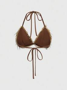 ROMWE Avant Hippie Chic 毛绒三角杯超低腰系带女款两件套 - 咖啡棕 - 查看 6