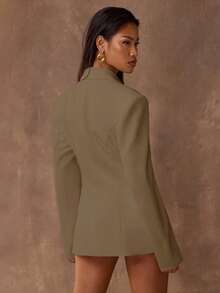 SHEIN BAE 女士纯色腰部收紧西装外套，适合通勤 - 卡其色 - 查看 2