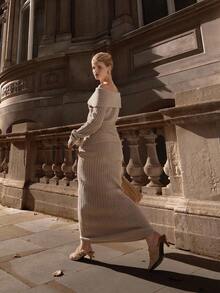 MUSERA 翻边厚针织罗纹修身长裙套装（仅下装）街头风优雅休闲性感外出太妃糖色晚宴派对优雅 - 卡其色 - 查看 1