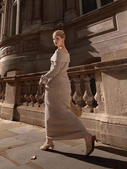 MUSERA 翻边厚针织罗纹修身长裙套装（仅下装）街头风优雅休闲性感外出太妃糖色晚宴派对优雅