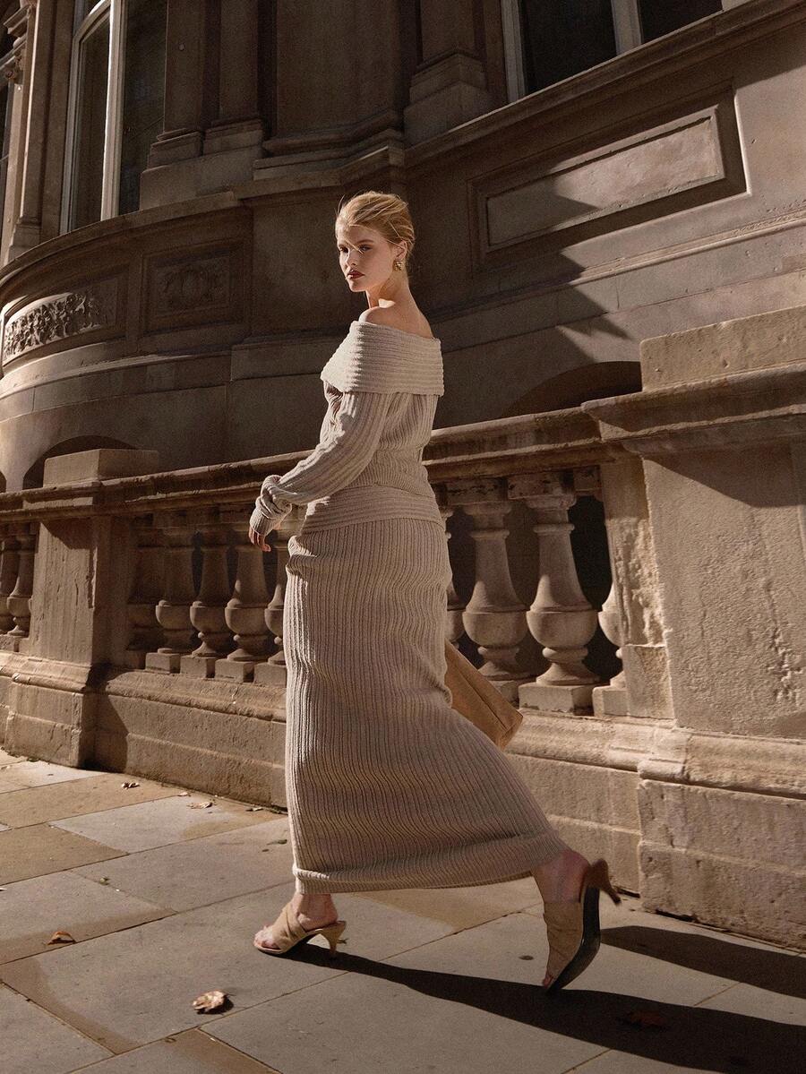 MUSERA 翻边厚针织罗纹修身长裙套装（仅下装）街头风优雅休闲性感外出太妃糖色晚宴派对优雅 - 卡其色 - 查看 1