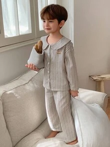 小男孩条纹彼得潘领长袖单排扣上衣和裤子睡衣套装 - 卡其色 - 查看 4