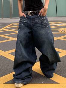 ROMWE MEN Street Life Men's Fashion Street Punk Rivet Decor Loose Wide-Leg Jeans, Belt Not Included - Dark Wash - View 7