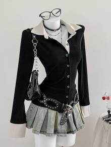 Elamini New Autumn/Winter Contrast Color Button-Up Slim Fit Versatile Office Lady Shirt - Black - View 7
