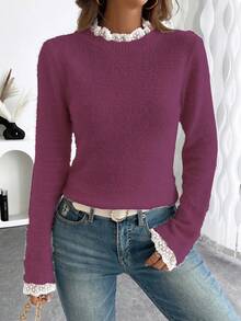 EMERY ROSE Fashionable & Sweet Lace Collar 3D Soft Faux Fur Pullover Sweater, Versatile For Autumn/Winter - Red Violet - View 6