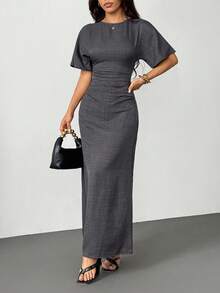 SHEIN PETITE Women's Summer Solid Color Linen Blend Casual Elegant Dress, - Dark Grey - View 4