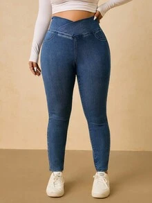 SHEIN Tall CURVE Plus Size Women Asymmetric Waist Skinny Casual Versatile Jeans - Blue - View 3