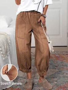 EMERY ROSE 女式休闲松紧腰宽松水洗牛仔裤，秋季 - 咖啡棕 - 查看 3