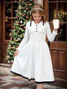 SHEIN Tween Girl Casual Fashion Versatile Cable Knit Contrast Trim Collared Long Sleeve Cinched Waist Sweater Dress, Suitable For Weekend, Casual Outing, Back To School, Suitable For Winter, Casual, Preppy, Cute & Casual & Vintage, Great For Autumn/Winter Casual, Daily Wear, School - White - View 3