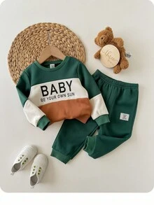 男婴可爱灰色长袖连帽卫衣和裤子套装，秋冬 - 灰色 - 查看 1