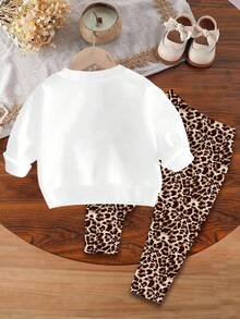 SHEIN Happikins Baby Girl Casual Vintage Leopard Print Bow Design, White, Soft Thick Crew Neck Long Sleeve Sweatshirt And Leggings Set, Suitable For Autumn/Winter Baby Girl Casual Pant Sets Cheetah Outfit Baby Baby Girl Clothes With Bow For Fall Baby Girl Leopard Outfit - Multicolor - View 4