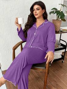 Lazeform 休闲宽松荷叶边超柔软垂坠轻盈夏季针织卡其色面料加大码翻领开襟长袖上衣和裤子套装紫色睡衣套装曲线款睡衣套装，舒适套装，秋冬服装 - 紫色 - 查看 7