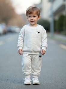 SHEIN 2 件套男婴/女婴可爱休闲运动灰色字母印花长袖连帽衫和裤子运动服套装，秋冬 - 淺灰色 - 查看 5