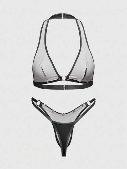 Grunge Punk Dark Punk PU Studded Bralette And Thong Lingerie Set, Sexy