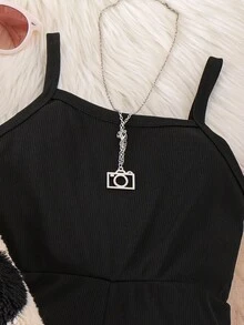 两件套女童爱心毛绒连帽开衫和连体裤套装，舒适针织罗纹连体裤，时尚有型，适合儿童秋冬季穿着 - 黑色 - 查看 6
