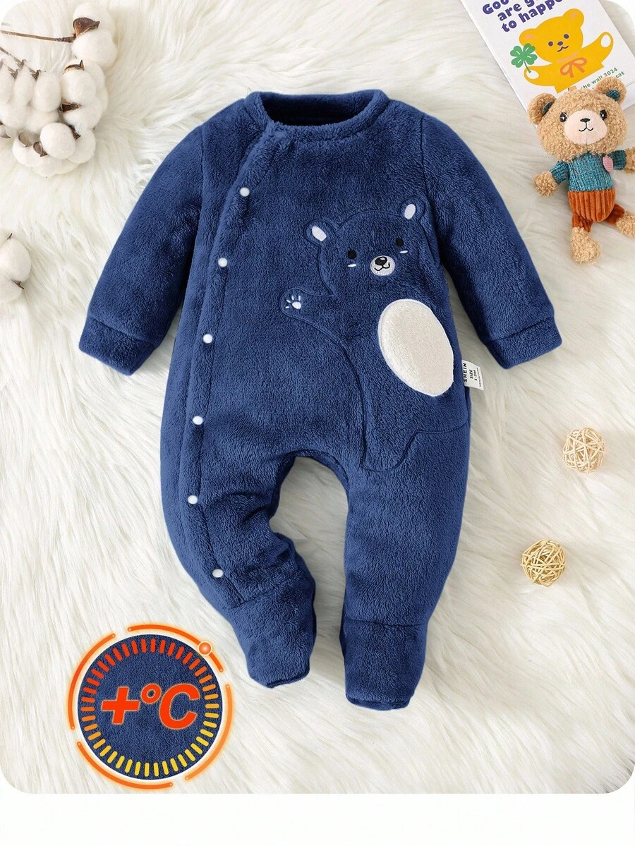 Pelele de felpa con cuello en V con bordado adorable de oso para bebé recién nacido niño, para otoño/invierno - Azul Marino - Ver 1