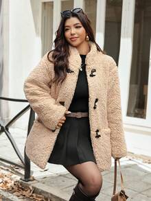 Vionelle Plus Size Stand Collar Solid Color Long Sleeve Casual Basic Teddy Coat Pocket Quilted Thermal Lining For Fashion Women