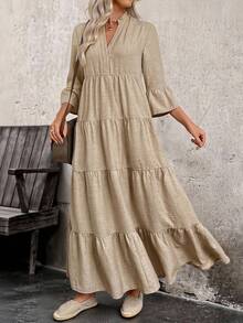 EMERY ROSE Women's Autumn Simple Notched Collar Ruffle Hem Tiered Linen Maxi Dress,Khaki Boho Long Sleeve Casual Vacation Outfits For Party Wedding Guest Chic - Khaki - View 1