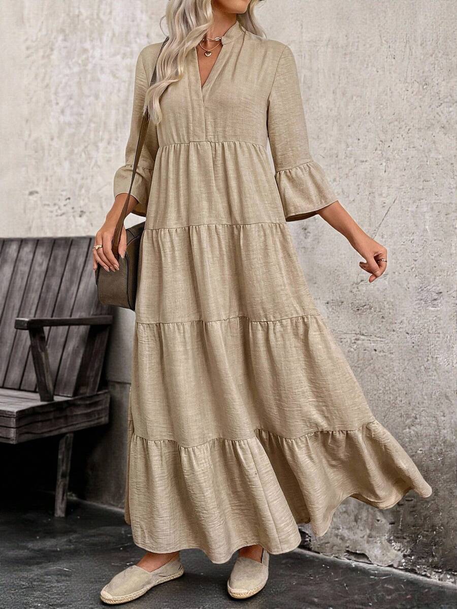 EMERY ROSE Women's Autumn Simple Notched Collar Ruffle Hem Tiered Linen Maxi Dress,Khaki Boho Long Sleeve Casual Vacation Outfits For Party Wedding Guest Chic - Khaki - View 1