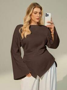 Auralis 大码女式纯色长袖修身上衣 - 棕色 - 查看 3