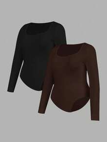 SHEIN Essnce 大码女士时尚休闲通勤商务休闲年轻商务职业内衣两件套，黑色、酒红色、锚红色多件套紧身包臀方领长袖连体衣 - 咖啡棕 - 查看 9