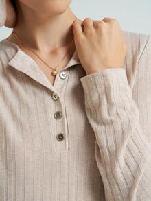 Airaco Women's Solid Color Button Half Placket Long Sleeve Ribbed Casual T-Shirt - Apricot - View 5
