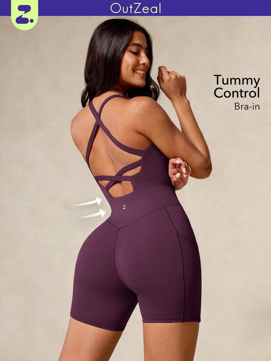 OutZeal Women Sports Jumpsuit Cycling Gym Outfit Summer Tummy Control Sweat Wicking Bra-In Backless Design - Purple - View 1