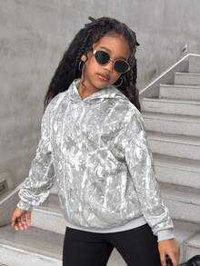 SHEIN 2 件套 Tween Girls 树叶印花连帽衫和黑色紧身裤套装，宽松舒适的休闲街头服饰，适合日常穿着和返校穿着 - 白色 - 查看 3