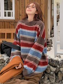 DAZY Suéter holgado casual de mujer con rayas y parches, estilo de moda de negocios y streetwear, para otoño/invierno - Burdeos - Ver 3