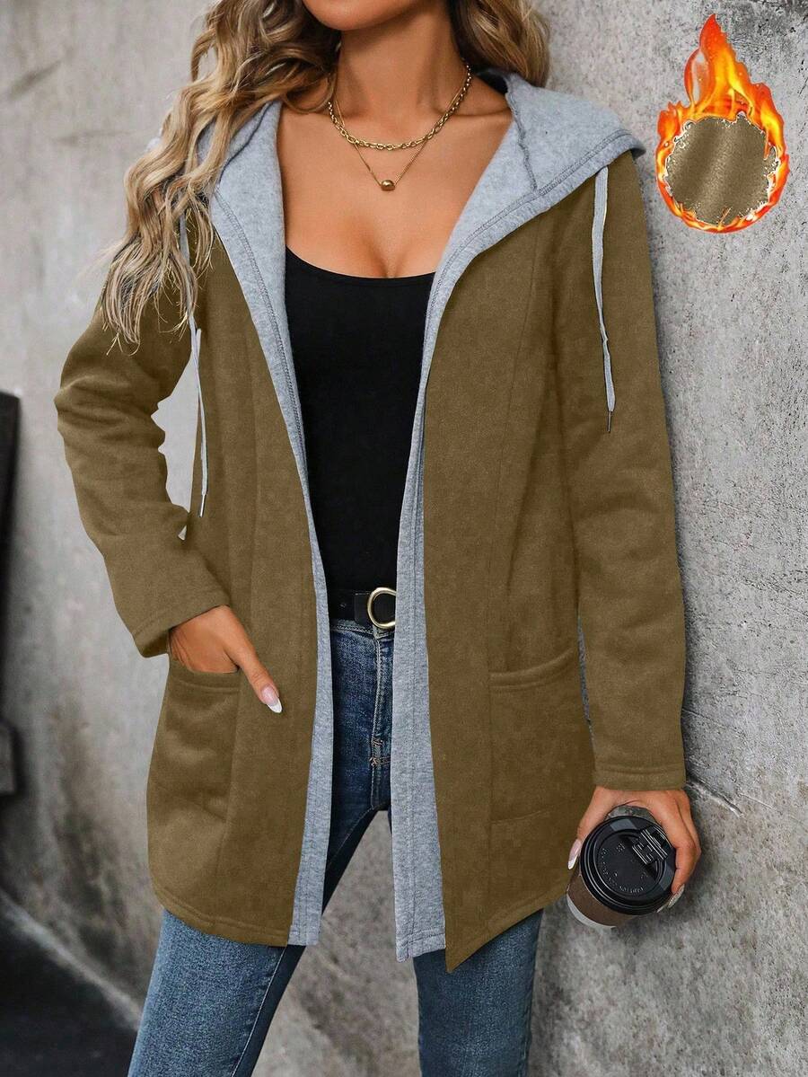 EMERY ROSE Color Block Thermal Lined Hooded Pocket Casual Long Sleeve Jacket - Mocha Brown - View 1