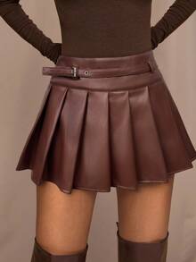 SHEIN BAE 女式复古休闲迷你百褶裙，秋季 - 棕色 - 查看 4