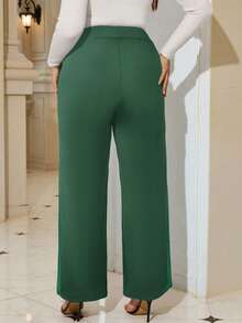 SHEIN Tall CURVE Celana Panjang Wanita Ukuran Besar Pinggang Tinggi Motif Patchwork Rhinestone Kaki Lebar Longgar Elegan - Dark Green - View 2