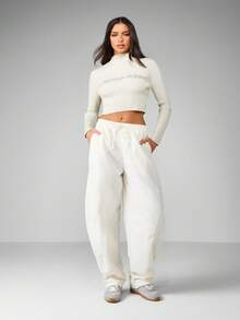 MISSGUIDED Ribbed Mock Neck Long Sleeve Crop Fitted Winter Knit Sweatshirt With Text Branding For Fall Essential Fashion Wardrobe