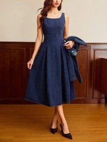 Vintamour 女士时尚通勤短款牛仔夹克和连衣裙套装 - 深色水洗藍 - 查看 5