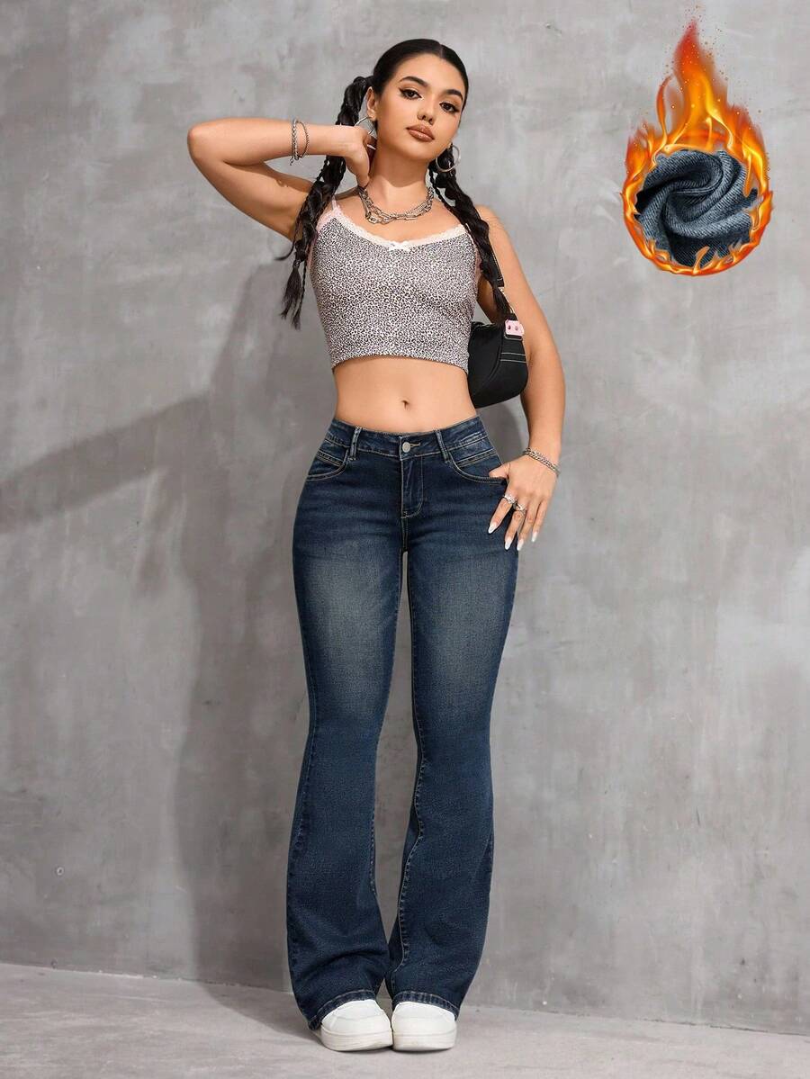 SHEIN PETITE Women's Casual Washed Low Waist Slim Fit Flare Leg Jeans - Dark Wash - View 1