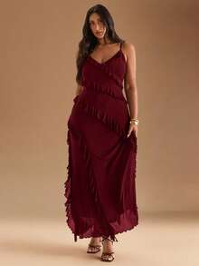 SHEIN BAE Đầm maxi cổ yếm in hoa họa tiết da báo thời trang mùa hè thanh lịch dành cho nữ cỡ lớn, thích hợp cho các buổi hòa nhạc, đi làm tốt nghiệp - Màu Đỏ Sâu - Xem 4