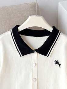 Sparklyn 少女毛衣套装，长袖有领开衫和条纹迷你裙，黑白色，适合春季、秋季、秋冬季 - 黑與白 - 查看 3