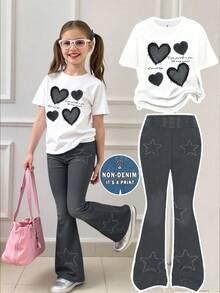 2pcs Young Girls Casual Fashion Cute Denim Print Heart Pattern Short Sleeve Round Neck T-Shirt And Flare Pants Set, Suitable For Daily Outings In Summer
