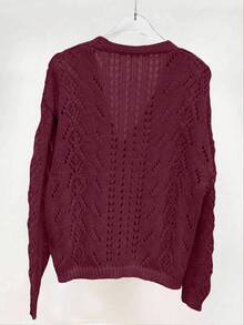 EMERY ROSE Women's Solid Color Hollow V-Neck Casual Knit Cardigan - Burgundy - View 2