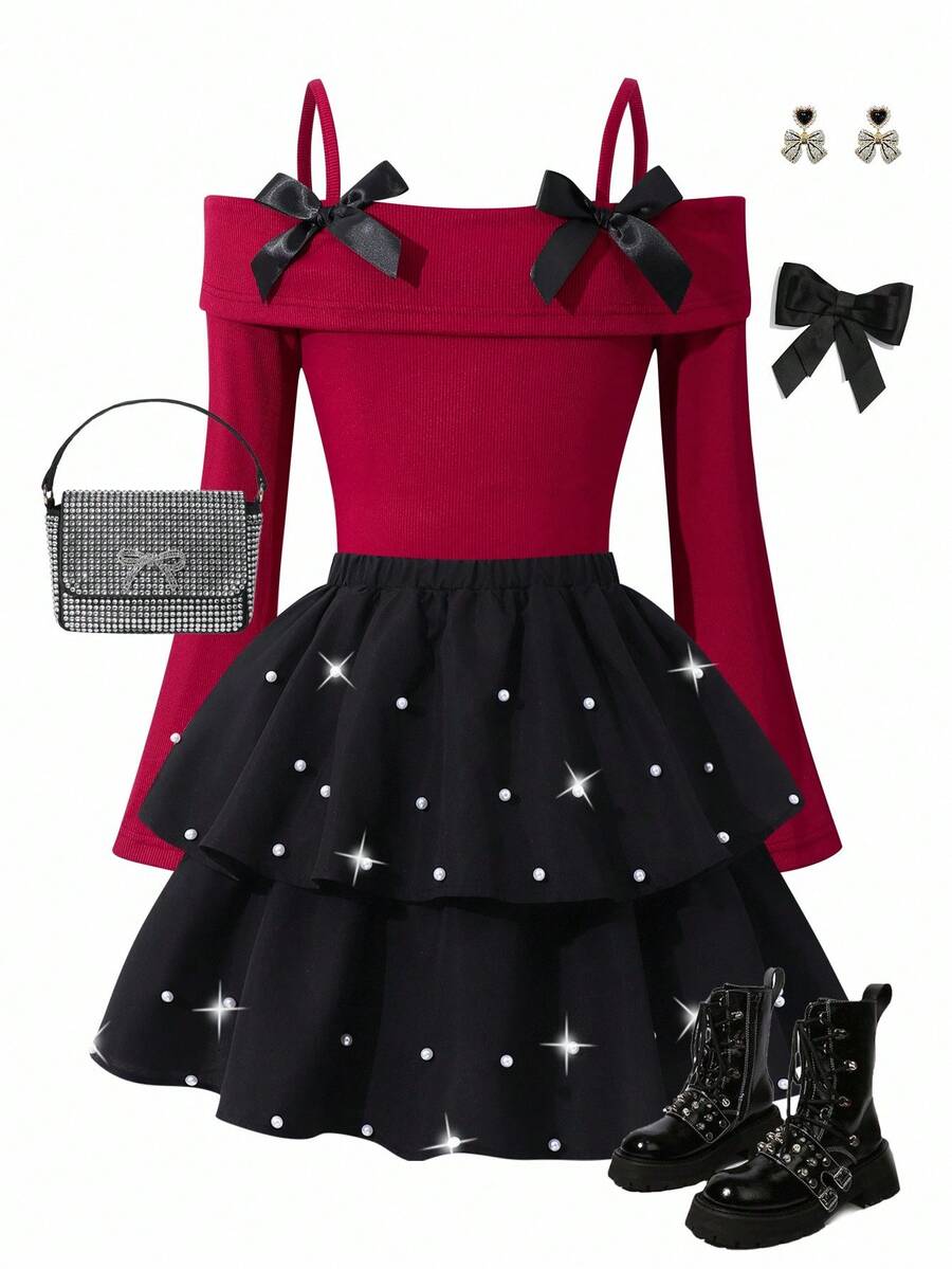 Sparklyn Tween Girls' Fashion Elegant T-Shirt Set, White Knit Top Paired With Black Woven Cake Skirt, Top Decorated With Black Bow, Skirt Embellished With Beads - Red - View 1