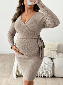 SHEIN Vestido de amamentação plus size com decote em V, manga comprida e canelado, justo e maternidade