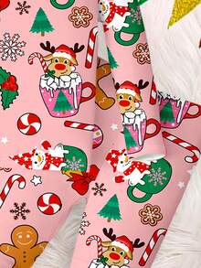 SHEIN Ensemble de pyjama rose à thème de Noël pour jeune fille, styledessin animén, coupe minimaliste, doublure thermique, col rond, manches longues et pantalon. Convient pour l'automne/l'hiver - Multicolore - Voir 3