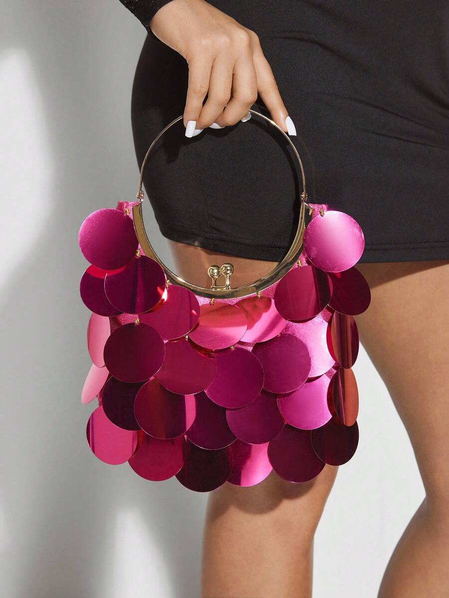 SHEIN SXY 女士手提包、晚装包、亮片、大亮片、时尚、优雅、简约、个性化、多功能、金属手柄、适合鸡尾酒会、派对、舞会、俱乐部、约会、生日、晚会、约会之夜、宴会 - 玫紅色 - 查看 1