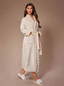Lazeform Women's Casual Fleece Jacquard Belt Long Robe, Winter, Cozy Robes For Women - Apricot - View 6
