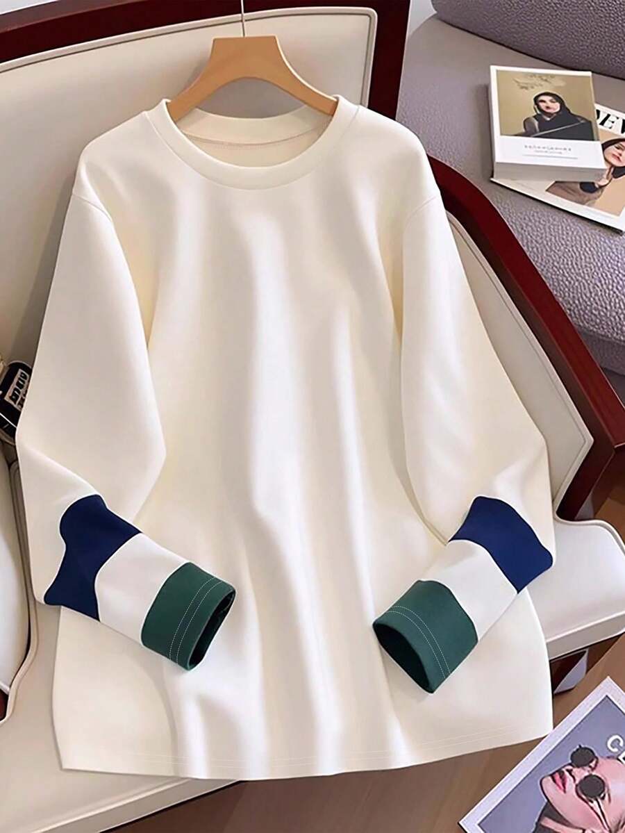 Resyla Camiseta de manga larga con cuello redondo y estampado de puño de color contrastante para mujer - Blanco - Ver 1