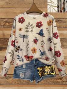 EMERY ROSE 女士昆虫与花卉印花长袖休闲圆领上衣，适合春秋季节