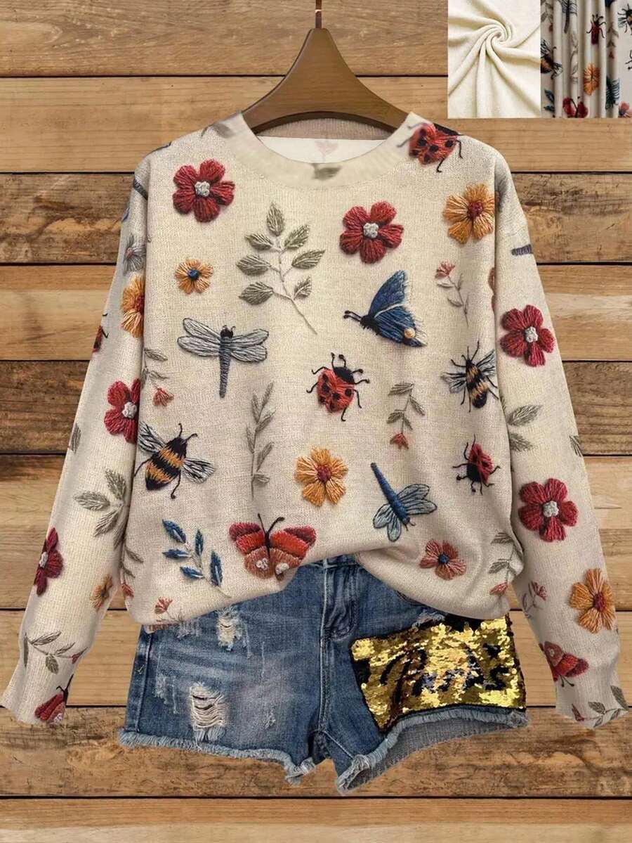 EMERY ROSE 女士昆虫与花卉印花长袖休闲圆领上衣，适合春秋季节