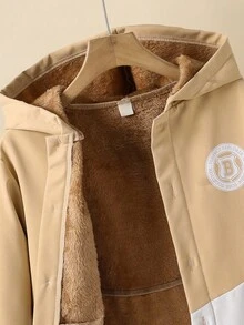 SHEIN Explorewe 少女连帽加厚绒面复古印花中长款保暖外套，适合假日、夏季、旅行，2025年返校季、大学校园运动装 - 彩色 - 查看 6