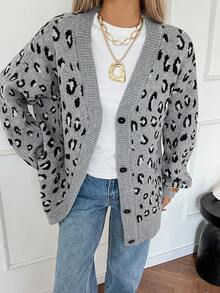 DAZY 女式V领豹纹宽松休闲街头风开衫